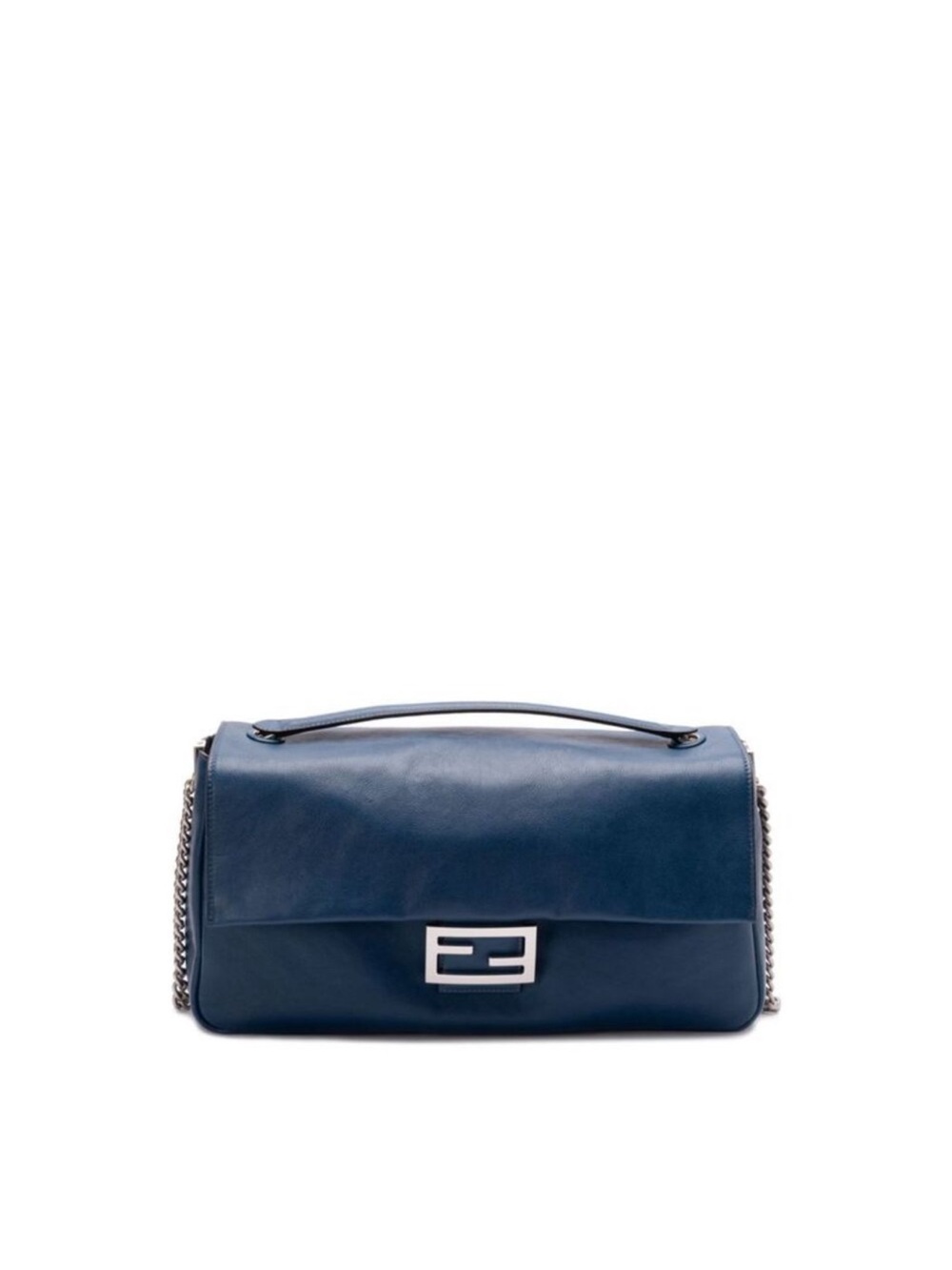 Fendi Large Leather Baguette Shoulder Bag Poseidon Blue Silver Chain with tags